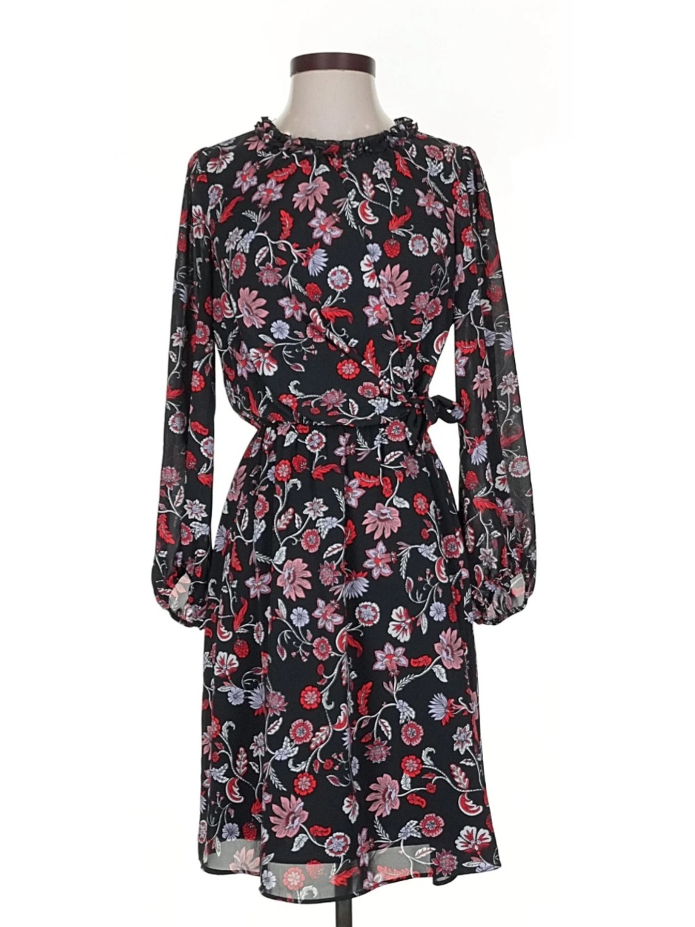 Banana Republic Black Long-Sleeve Floral Midi Dress